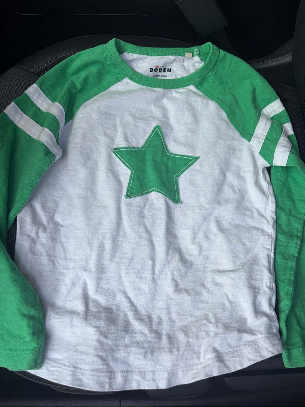 Mini Boden White Long Sleeve Raglan Tee with Green Star & Sleeves